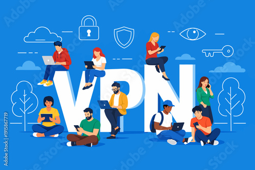 VPN Security Concept: Diverse people using digital devices connect via Virtual Private Network for secure browsing, online privacy, and data protection.