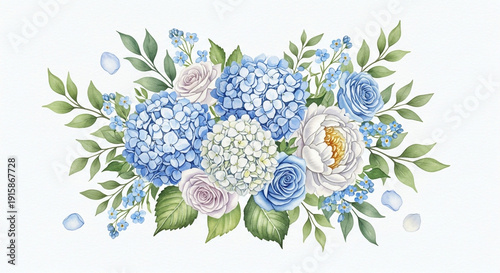 Watercolor Floral Arrangement with Hydrangeas and Roses in Soft Pastel Colors on White Background for Wedding Invitation