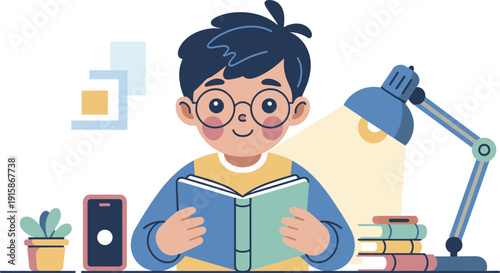 Cute child reading book at study desk with smartphone nearby, focused learning, education concept, digital distraction awareness cartoon illustration