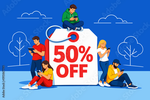 50% OFF Mobile Shopping Sale. Youth Using Smartphones & Tablets Around a Giant Discount Tag. E-commerce and Digital Deals Illustration.