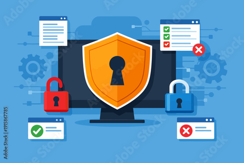 Cyber Security and Data Protection Concept. Digital Shield, Locked and Unlocked Padlocks, Illustrating Network Safety and Privacy.