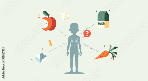 Nourishment Navigator: Visual representation of a person surrounded by essential food, designed to show the balanced diet and overall health in a healthy lifestyle.