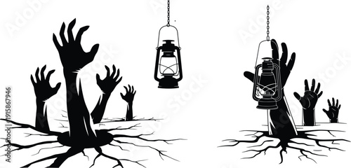 Dark horror silhouette illustration of zombie hands emerging from ground with hanging lanterns, spooky Halloween night scene isolated background