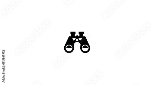 A monochrome illustration of binoculars, centered on a white backdrop, simple design
