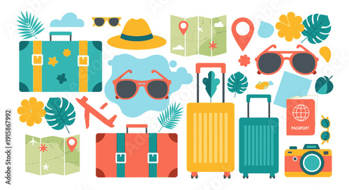 Vibrant travel icons and luggage assortment, showcasing adventure and exploration elements, in a colorful flat design on a clean background