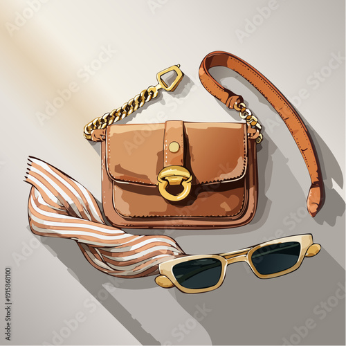 Fashion accessories including a leather handbag, sunglasses, and striped scarf laid out on a flat surface, seen from directly above