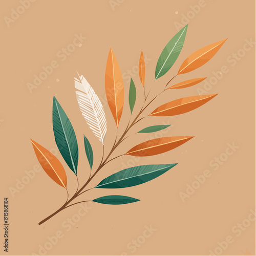 Illustration of a branch with colorful leaves in autumn, viewed from a slight angle