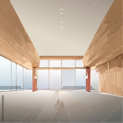 Modern interior space with large windows and wooden accents overlooking the ocean from a high vantage point