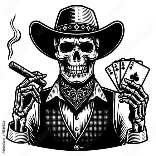 Skeleton with cowboy hat vector illustration
