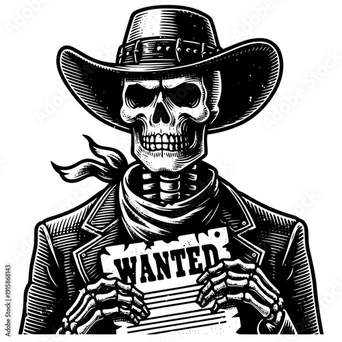 Skeleton with cowboy hat vector illustration