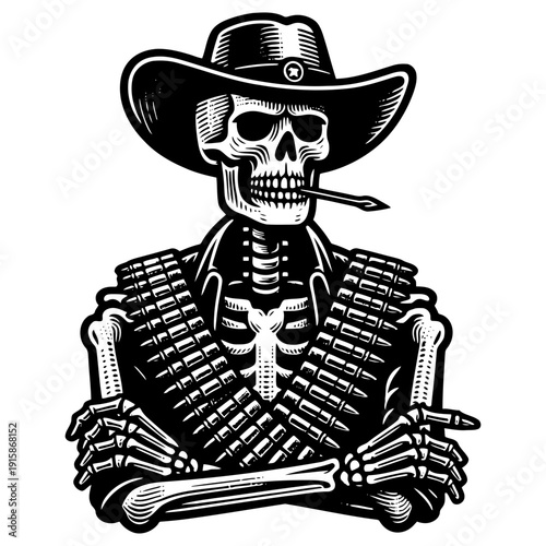 Skeleton with cowboy hat vector illustration