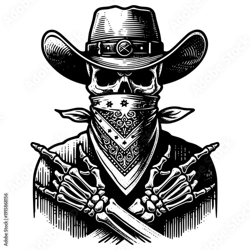 Skeleton with cowboy hat vector illustration