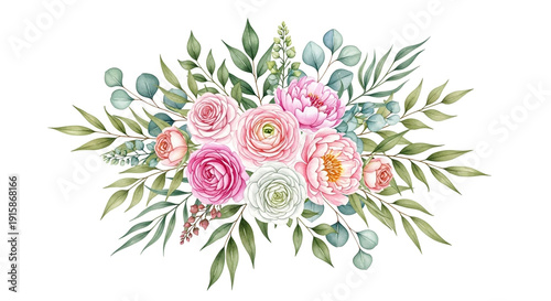 Floral bouquet with pink roses in watercolor style with soft pastel colors on white background for wedding invitation