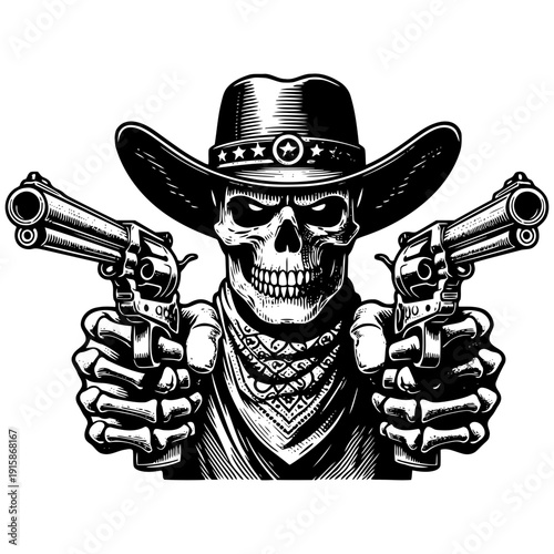 Skeleton with cowboy hat and guns vector illustration