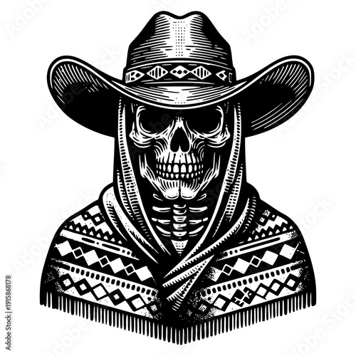 Skeleton wearing cowboy hat vector illustration