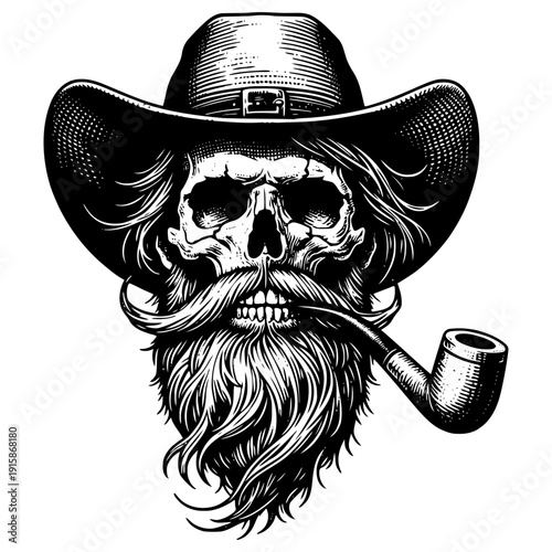 Skull with cowboy hat and pipe vector illustration