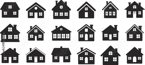 House silhouette icon set collection, black home building symbols, real estate property pictograms, simple residential architecture illustration isolated background