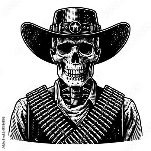 Skeleton with cowboy hat vector illustration