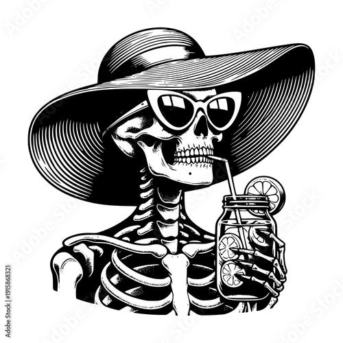 Skeleton with sun hat vector illustration
