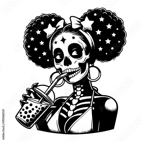Skeleton drinking bubble tea vector illustration
