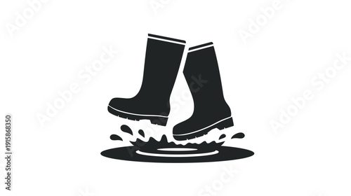 A silhouette of rubber boots jumping into a puddle, creating water splashes. Vector style
