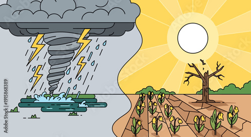 Climate Contrast: An illustration vividly depicts the opposing forces of nature – a destructive tornado and drought, symbolizing the impact of climate change. 