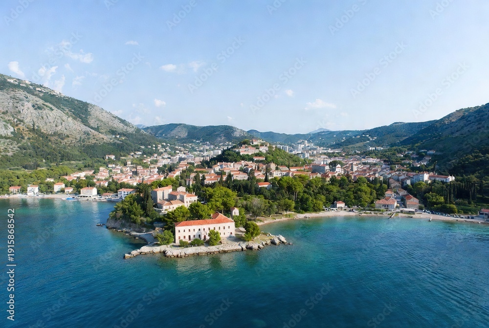 Fototapeta premium Coastal charm: aerial view of a picturesque town on a peninsula surrounded by serene blue sea and lush mountains.