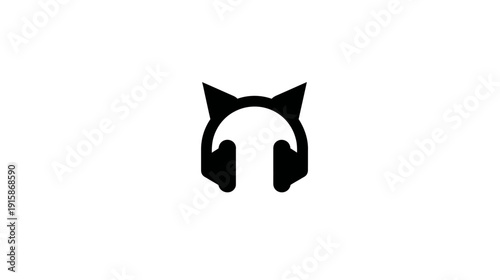 Black and white minimalist design featuring stylized cat ears integrated with headphones