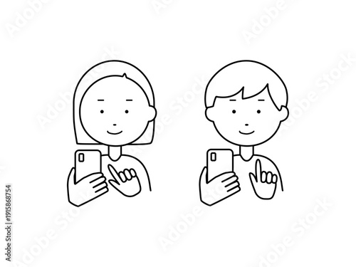 線画　スマホを触る2人　