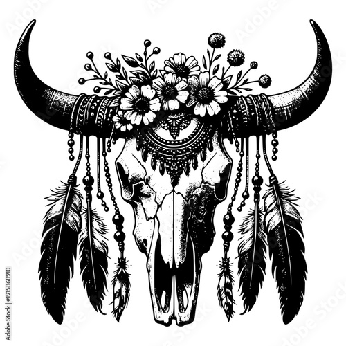 Bull skull with floral headdress vector illustration