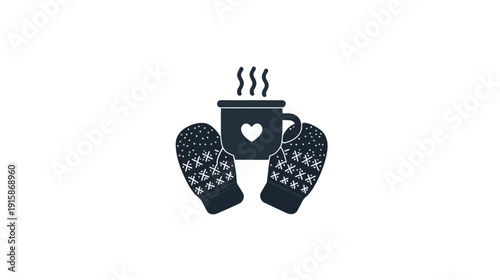 Black and white illustration of mittens holding a mug with heart, steam rising, on white