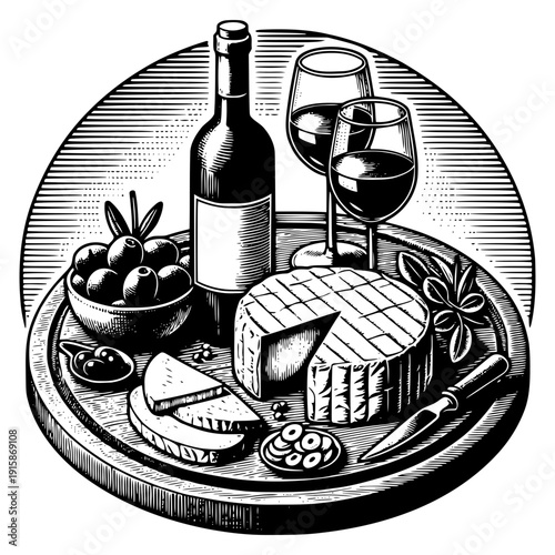 Cheese platter with wine vector illustration