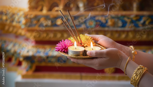Close up of woman's hands making ritual flower garland at ornate golden altar, traditional cultural ceremony, vibrant spirituality and devotion