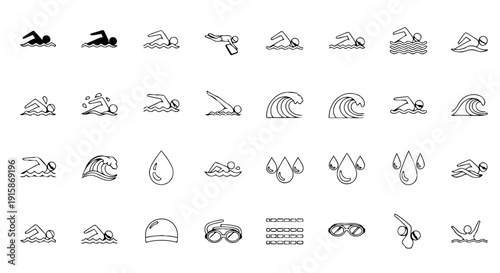 Swimming and water sport icon set – swimmer, waves, goggles vector pack