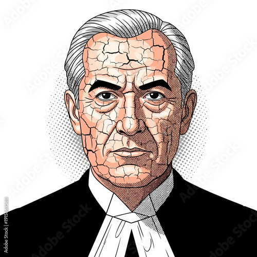 Cracked Face Portrait of a Stern Older Man in Suit