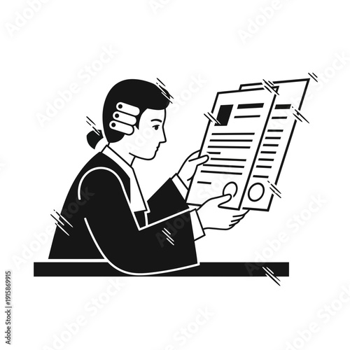 Lawyer reading legal documents, courtroom illustration