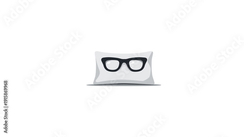 Cartoon-style pillow with glasses. Rendered with soft shadows, black frame, and white backdrop
