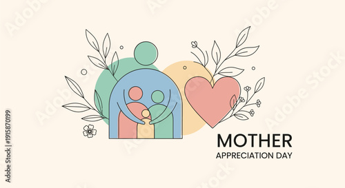 A minimalist line art illustration of a mother embracing her child surrounded by leaves and a heart on Mother's Appreciation Day from a frontal viewpoint