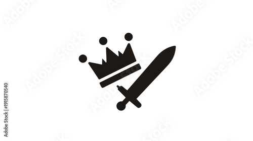 A black and white emblem featuring a crown and a sword set diagonally against a white background
