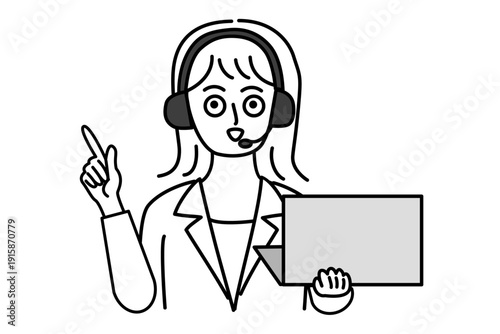 ヘッドセットをつけてPCを持ち指さし説明するスーツ姿の女性の線画イラスト