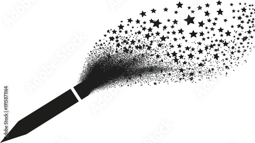 A pencil emits stars, gradients and specks creating an ethereal and magical visual on a white background