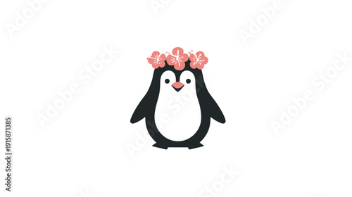 Cartoon penguin illustration with a flower crown, set against a plain white background