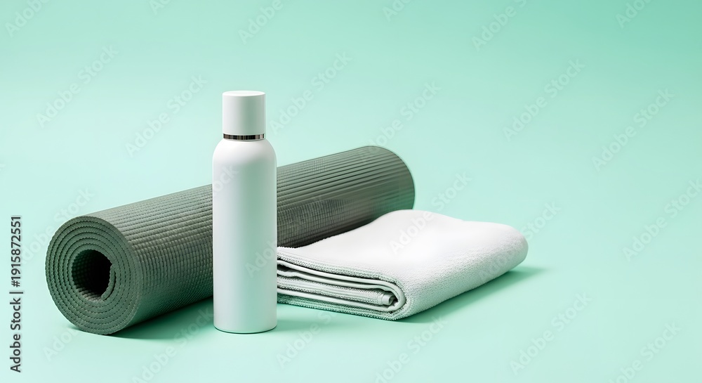 Naklejka premium Rolled yoga mat, white towel, and a sleek white spray bottle on a clean, light mint green background providing a fresh studio look