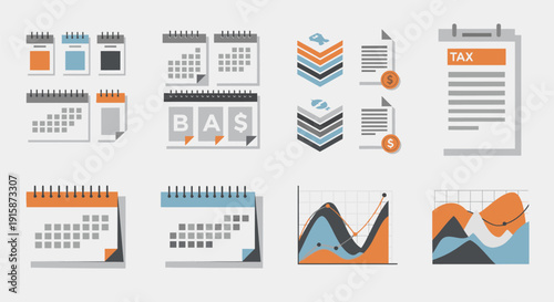 Collection of calendar and financial document icons with charts and graphs for tax and business accounting purposes