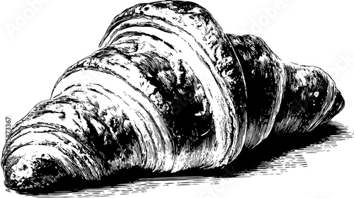 A black and white illustration of a flaky, crescent-shaped baked good with intricate detailing