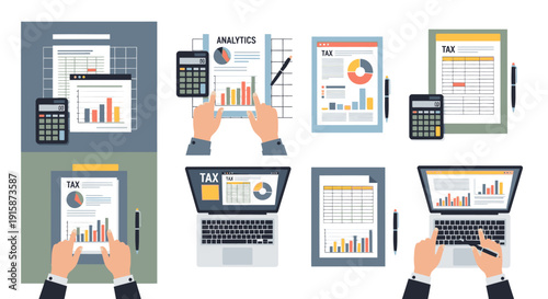 Multiple hands working on laptops and analyzing documents with charts and graphs in a collaborative environment from a top-down viewpoint
