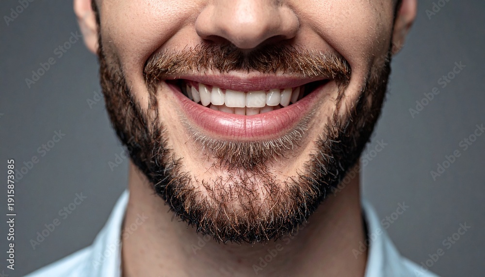 Fototapeta premium Close-up shot of a man with a healthy white smile and a well-groomed beard, conveying confidence and good oral hygiene