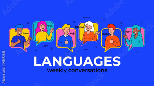 Multilingual Communication Concept Banner: Diverse People Conversing in Different Languages (Hola, Bonjour, Hallo). Language Learning Illustration.