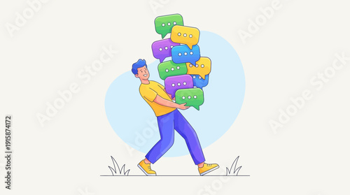 Communication Overload: Man carrying heavy stack of colorful chat speech bubbles. Managing massive feedback volume, data burden, and social media messaging stress.