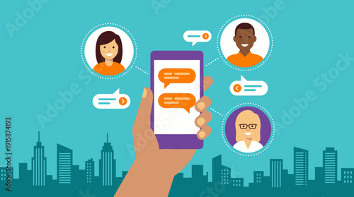 Mobile Chat App Interface. Hand Holding Smartphone Connecting Diverse People Globally via Instant Messaging and Social Network Illustration.